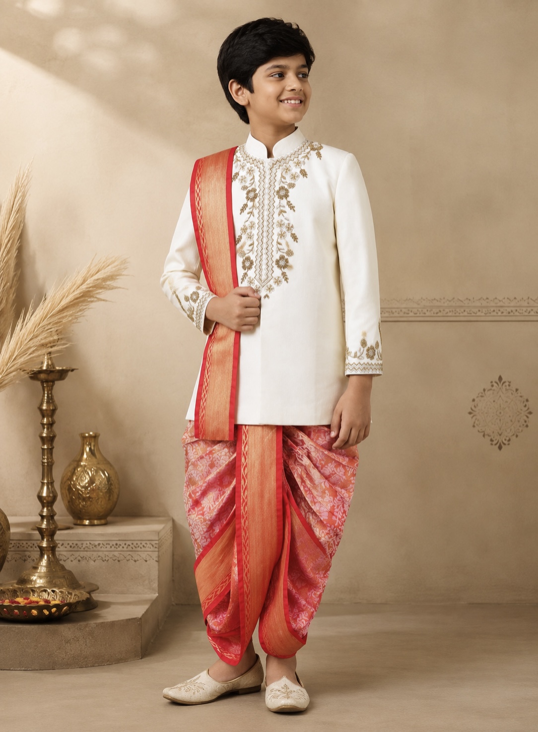 Ivory Hand Embroidered Sherwani with Paithani Dhoti & Zari Kanduva