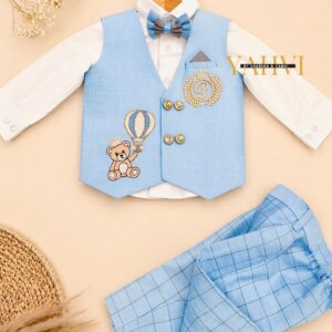 Prince Teddy Sky Blue Embroidered Waistcoat Set