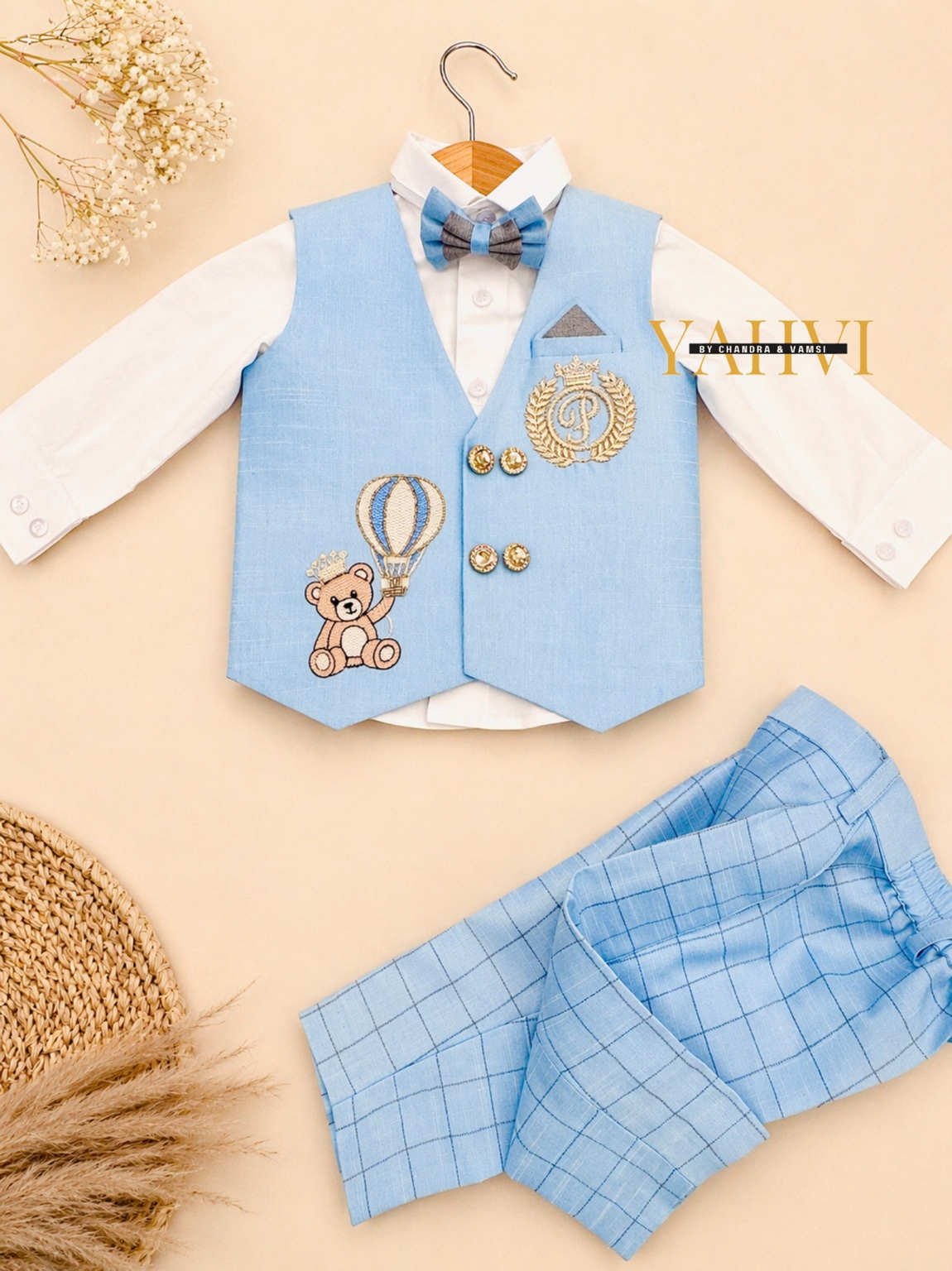 Prince Teddy Sky Blue Embroidered Waistcoat Set