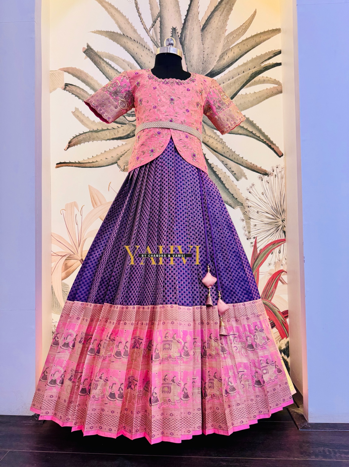 Royal Meenakari Pattu Lehenga with Hand-Embroidered Wing Blouse