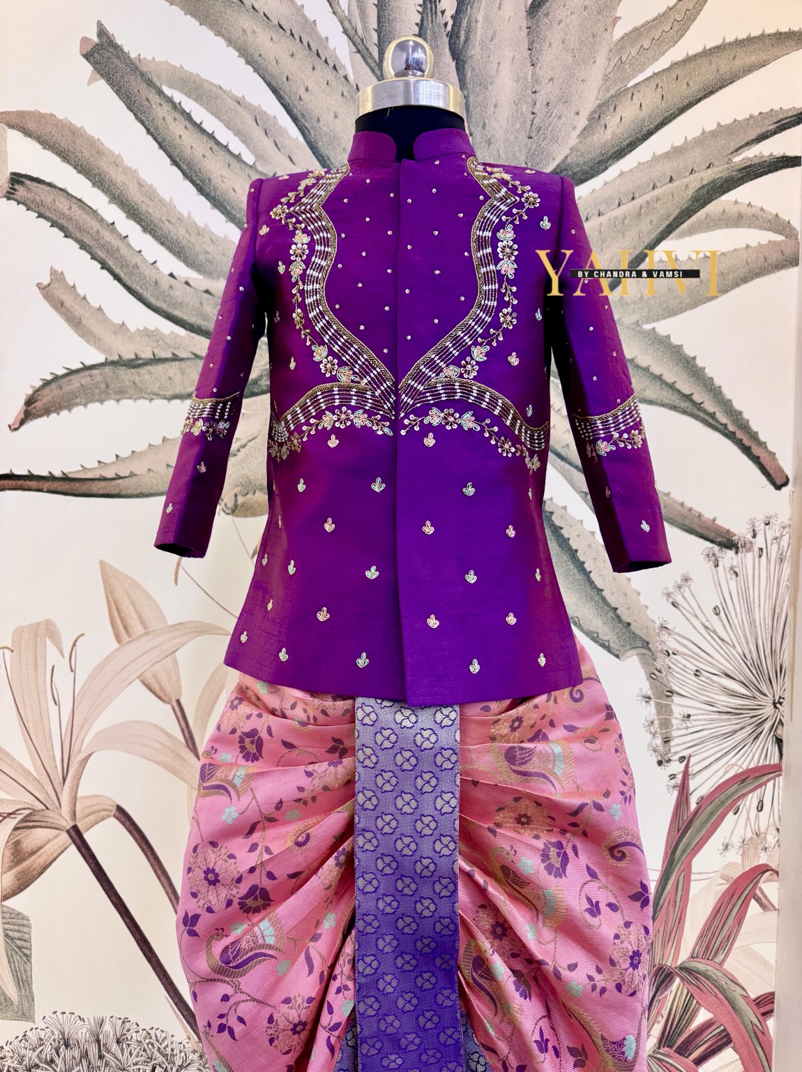 Royal Orchid Hand-Embroidered Sherwani with Peacock Weaving Dhoti Set - Image 5