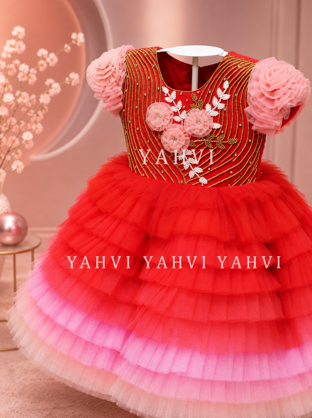 Rosé Blossom Tiered Couture Frock - Image 5
