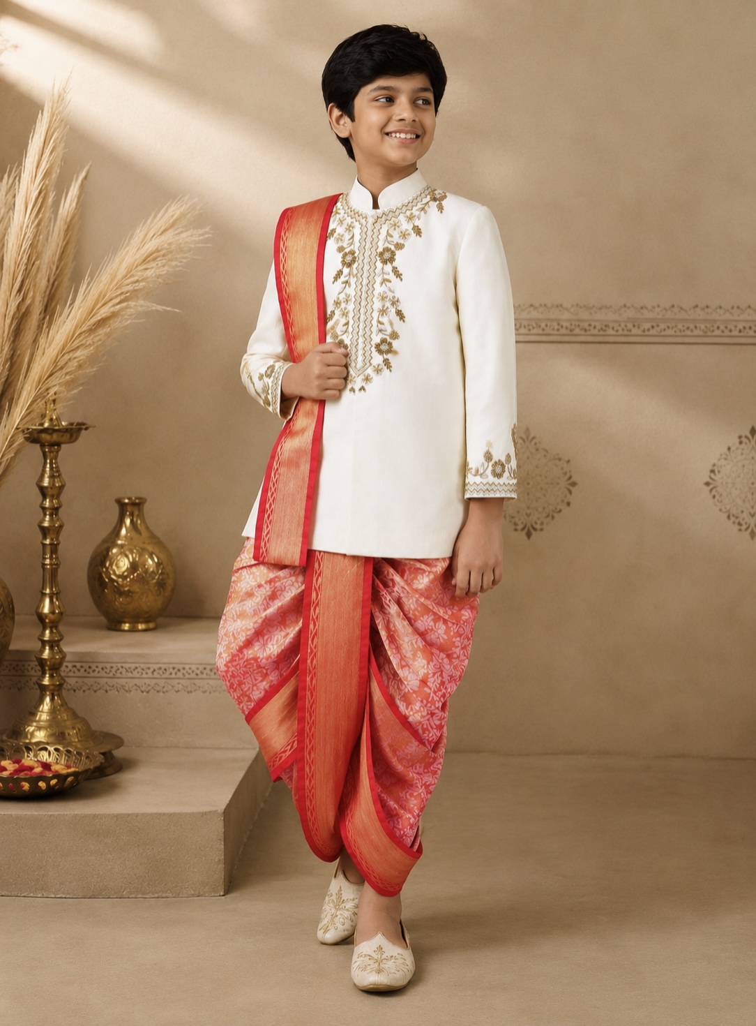 Ivory Hand Embroidered Sherwani with Paithani Dhoti & Zari Kanduva - Image 7