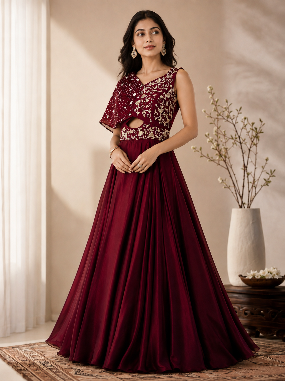 Crimson Élan Draped Gown