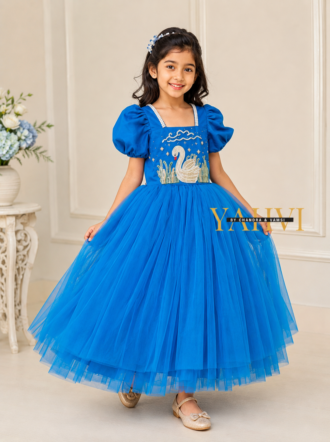Swan Serenade Hand-Embroidered Frock