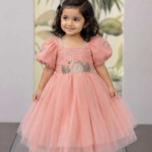 Swan Serenity Peach Hand-Embroidered Micronet Frock