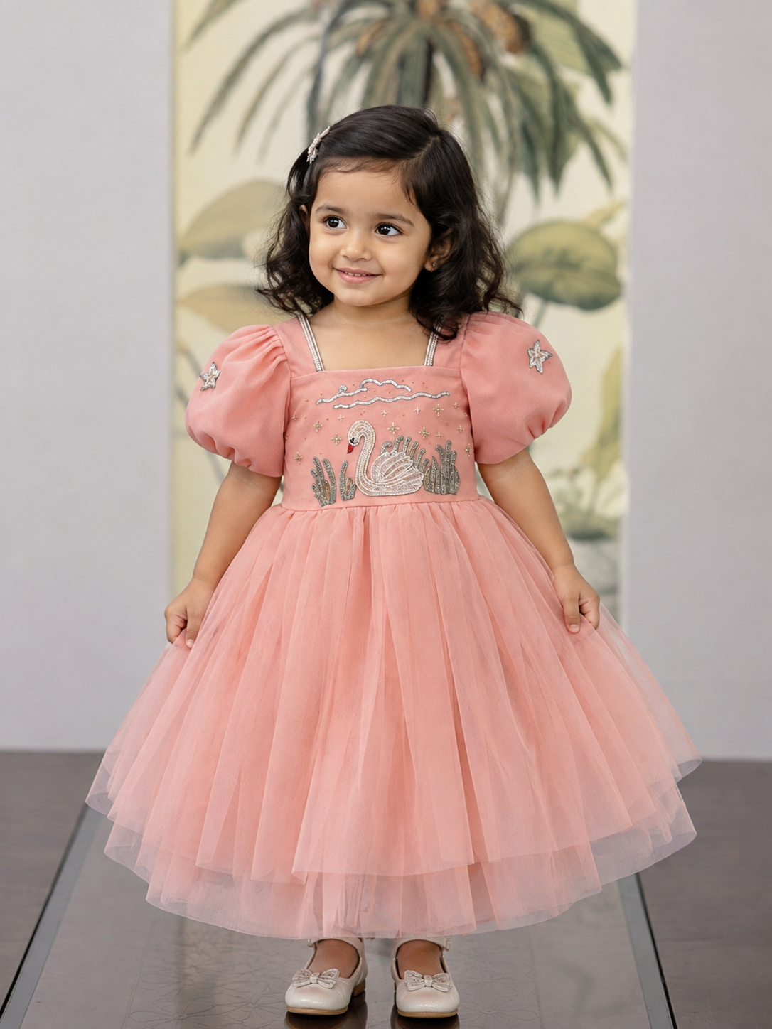Swan Serenity Peach Hand-Embroidered Micronet Frock