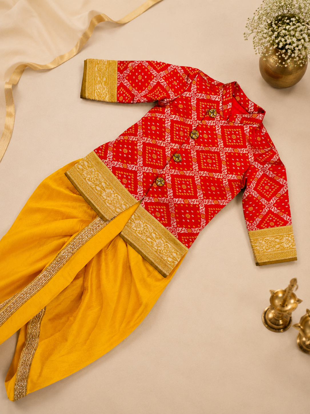 Royal Red - Yellow Bandhini Sherwani & Dothi Set - Image 5