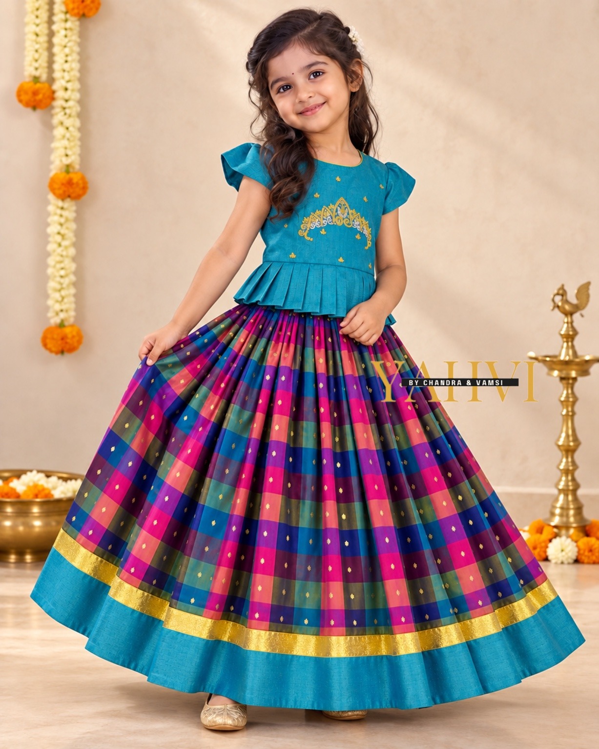 Peacock Zari Check-Silk Lehenga Set - Image 3