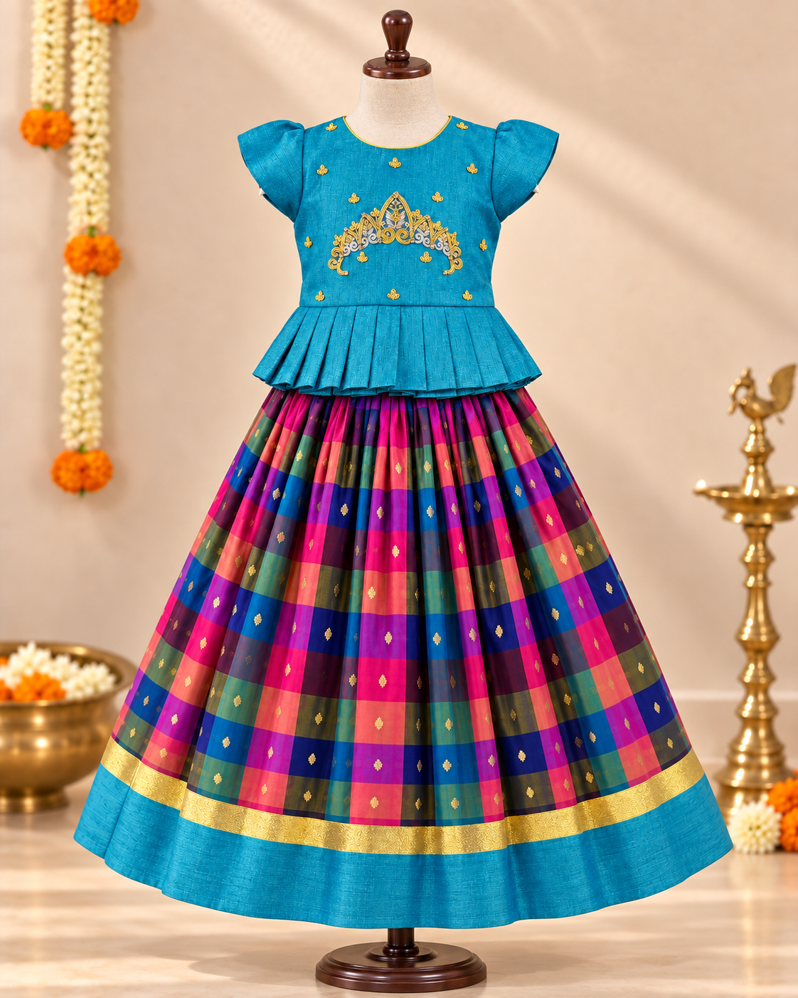 Peacock Zari Check-Silk Lehenga Set - Image 2